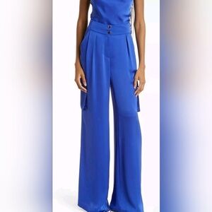 Ramy Brook Rumer Satin Cargo Pants Blue Gold 0 Wide Leg Neo Deco Slinky Party